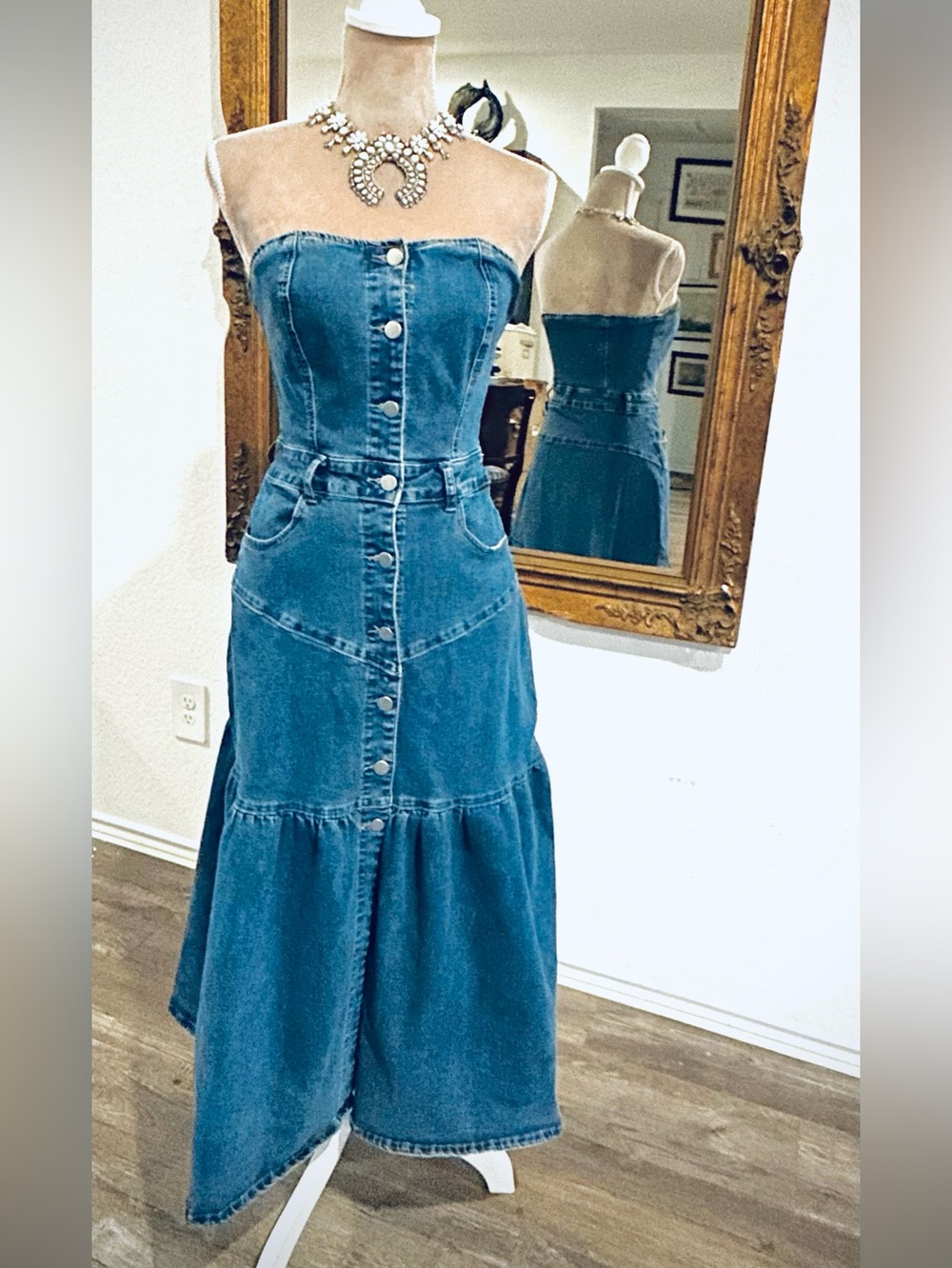 Vintage Strapless Denim Western Overall Rodeo Cowgirl Festival Maxi Dress - Picture 2 of 6
